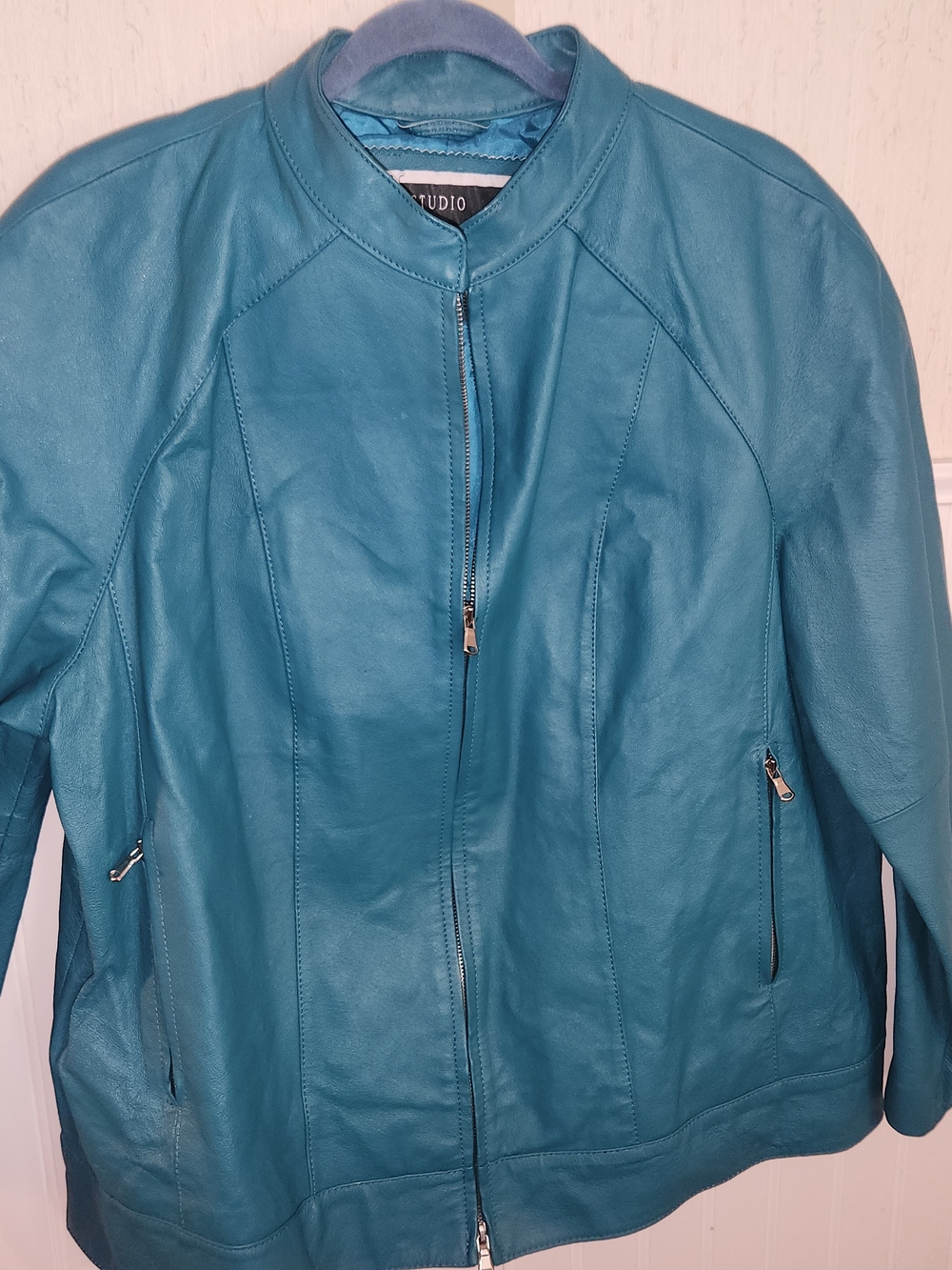 Studio Jessica London Teal Leather Zip-Front Jacket
